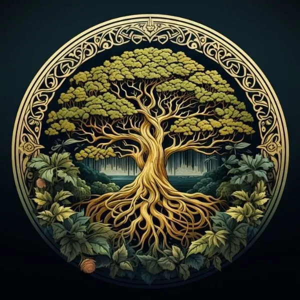 Symbole arbre de vie or et vert, design spirituel celtique avec racines apparentes et cadre circulaire doré