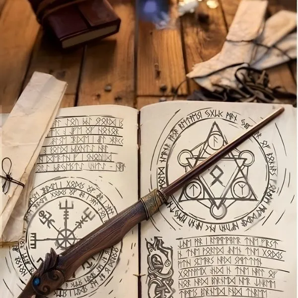 baguette magique en bois sculpté posée sur un grimoire de sorcellerie avec runes nordiques et symboles ésotériques