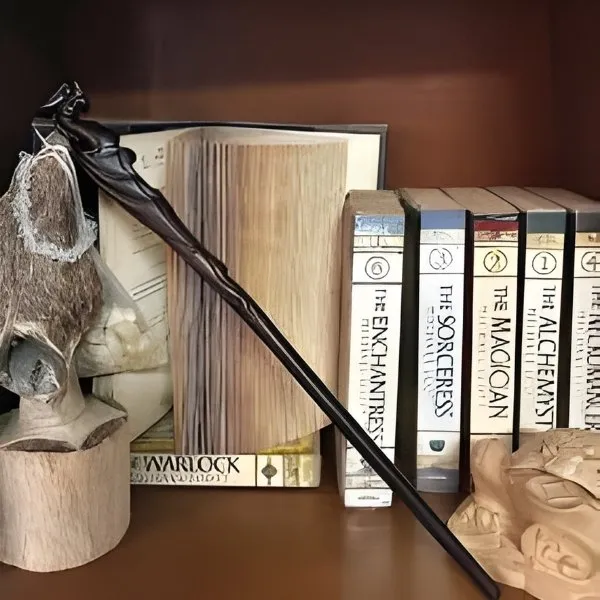 Baguette magique de sorcier posée sur une bibliothèque à côté de livres de magie et de sortilèges.