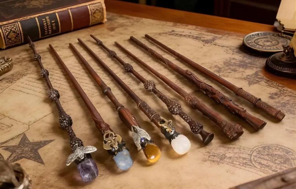 Collection de baguettes magiques artisanales en bois sculpté ornées de cristaux et pierres de lithothérapie sur une carte ancienne