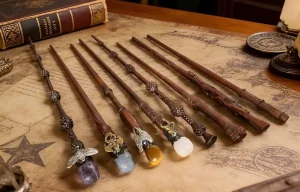 Collection de baguettes magiques artisanales en bois sculpté ornées de cristaux et pierres de lithothérapie sur une carte ancienne