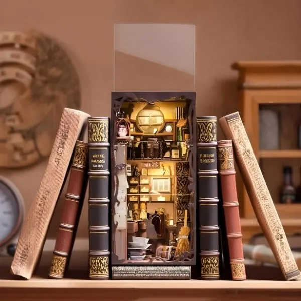 Diorama miniature de cabinet de curiosités inséré entre des vieux livres anciens reliés en cuir.