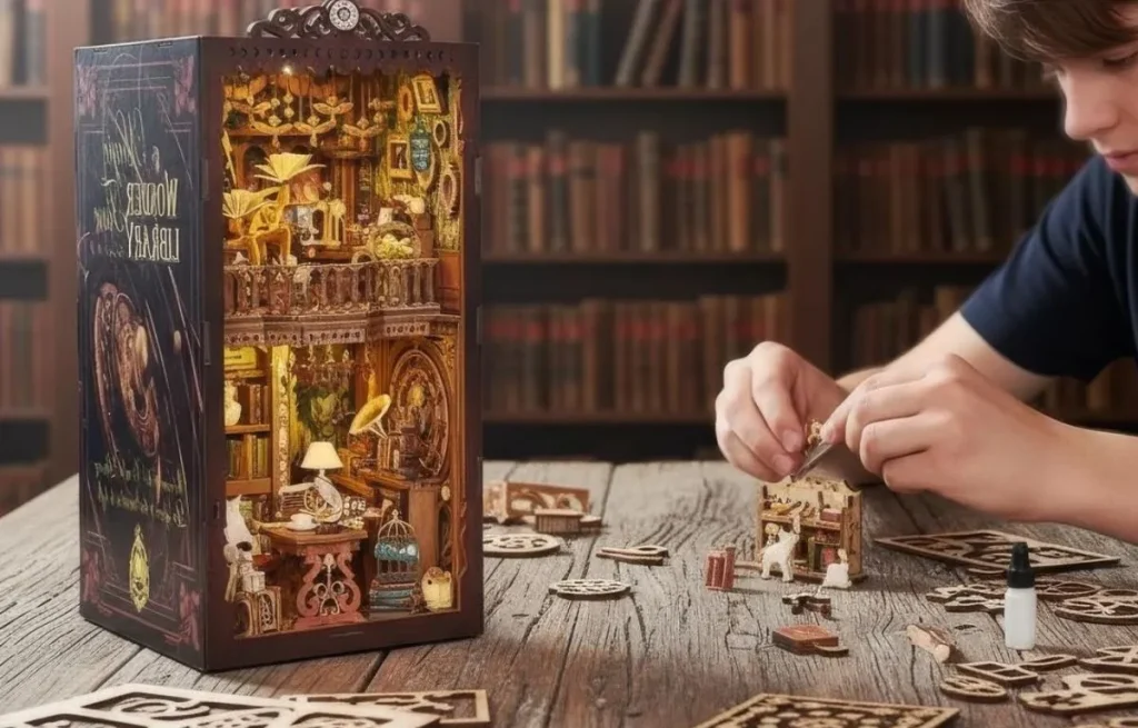 Montage d'un Book Nook Wonder Library : kit DIY miniature magique par Kyliana.