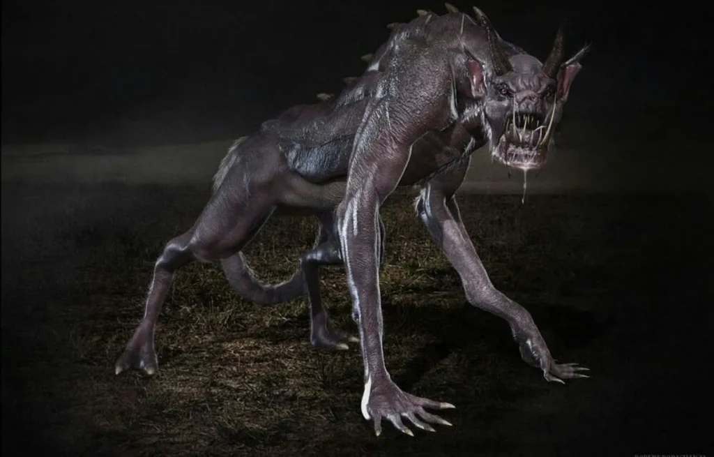 Concept art d'une créature monstrueuse hybride aux dents acérées et cornes, exposé aux studios Warner Bros Leavesden.