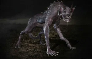 Concept art d'une créature monstrueuse hybride aux dents acérées et cornes, exposé aux studios Warner Bros Leavesden.