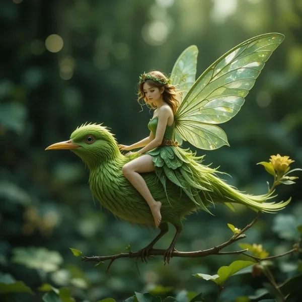 Macro-photographie d'une petite fée aux ailes vertes chevauchant un oiseau sculpté dans la mousse en forêt