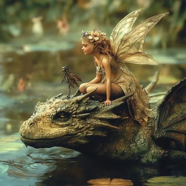 Illustration féerique d'une petite fée ailée chevauchant un dragon dans un étang enchanté