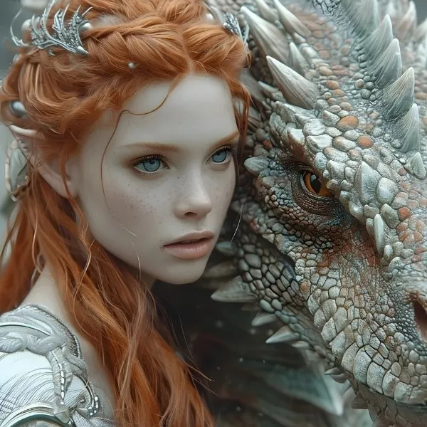 Portrait d'une femme elfe aux cheveux roux avec un dragon aux écailles argentées, style fantasy
