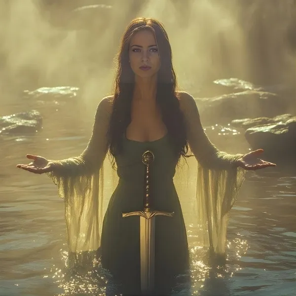 Femme mystique en robe verte émergeant d'un lac avec une épée médiévale devant elle, style légende d'Excalibur