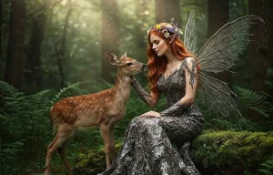 Femme fée aux cheveux roux et ailes translucides caressant un jeune cerf dans une forêt enchantée lumineuse