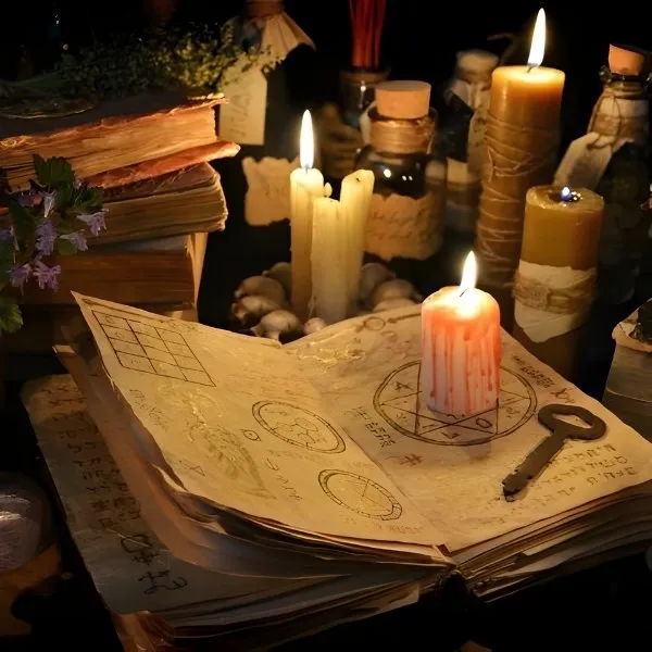 Grimoire de magie ouvert entouré de bougies allumées et de fioles de potions dans une ambiance mystique.