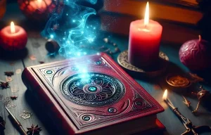 Grimoire magique de luxe, livre de sortilèges ancien et bougies rouges, accessoire de sorcellerie et haute magie