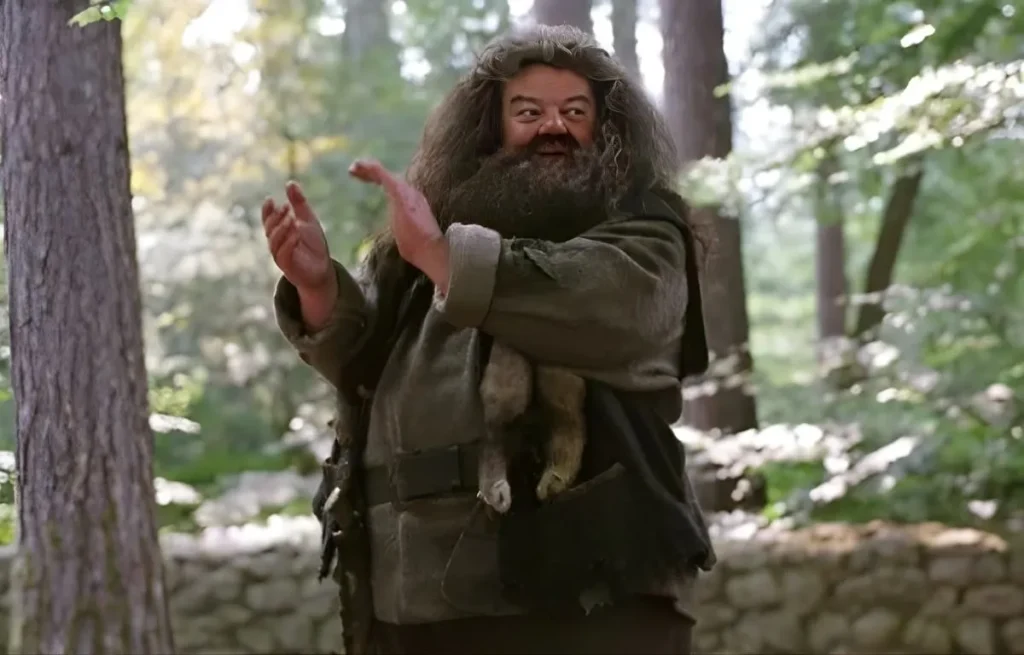 Rubeus Hagrid applaudissant dans la Forêt Interdite, film Harry Potter et le Prisonnier d'Azkaban