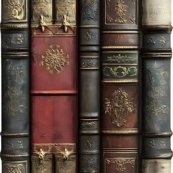 Gros plan sur une rangée de livres anciens aux reliures en cuir ornées de dorures et de motifs gravés, évoquant une bibliothèque historique ou de collection