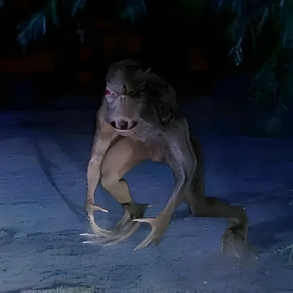Monstre humanoïde aux longues griffes et yeux rouges tapis dans l'obscurité d'une forêt