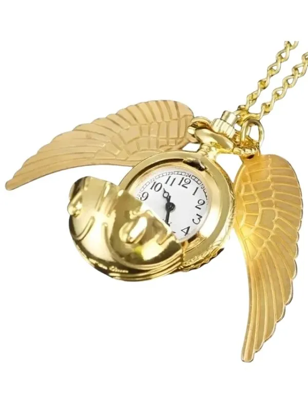 Montre collier Vif d'Or Harry Potter, pendentif gousset doré acier inoxydable, ailes ciselées.