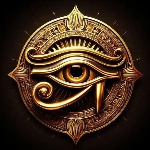 Amulette dorée de l'Oeil d'Horus sculptée sur un médaillon égyptien antique pour la protection