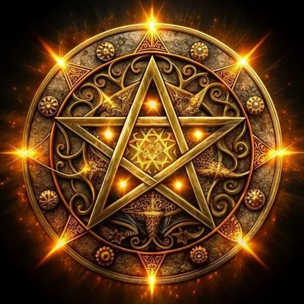 Pentacle en or ciselé aux reflets lumineux, symbole ésotérique de protection et de magie rituelle sur fond sombre