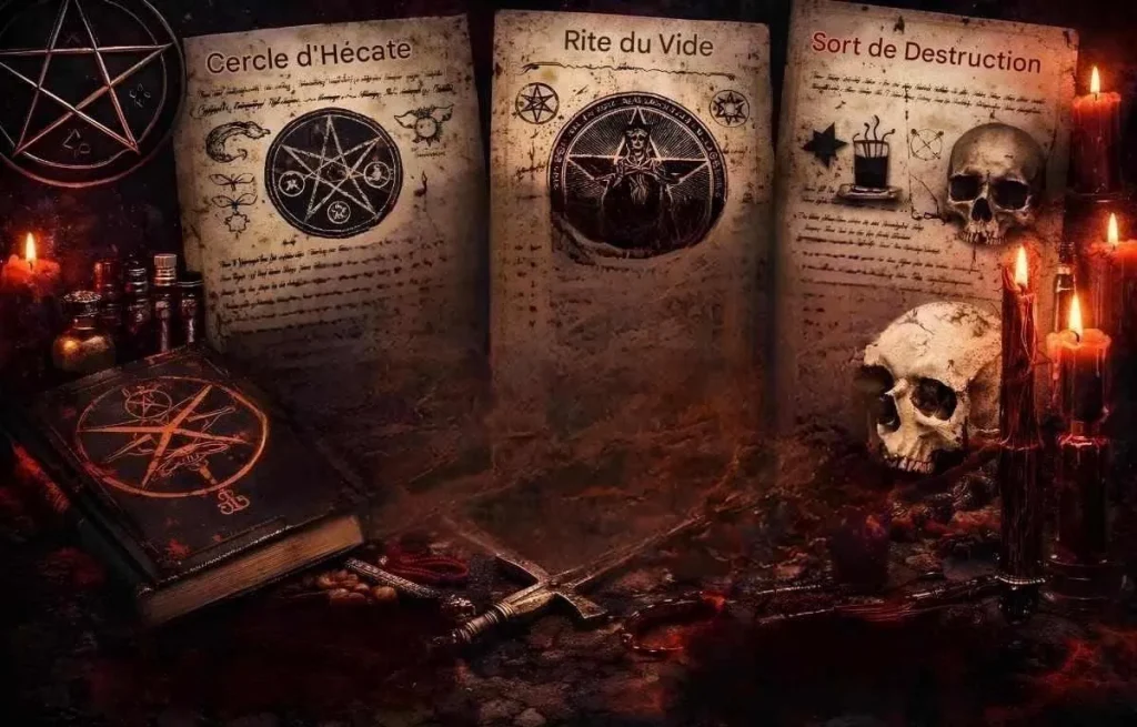 Anciens parchemins de rituels magiques avec symboles ésotériques, épée et crâne pour un cours de Défense contre les Forces du Mal.