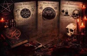 Anciens parchemins de rituels magiques avec symboles ésotériques, épée et crâne pour un cours de Défense contre les Forces du Mal.