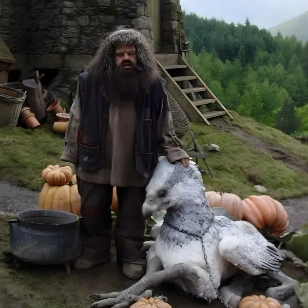 Rubeus Hagrid debout à côté de l'hippogriffe Buck devant sa cabane en pierre à Poudlard, entouré de citrouilles géantes.