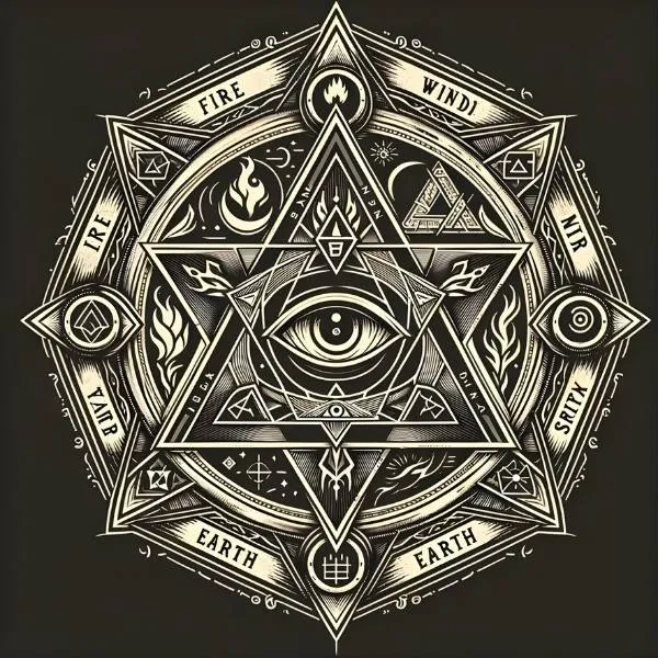 Illustration ésotérique de style alchimique avec œil de la providence dans un triangle, symboles des éléments feu terre air et géométrie sacrée occulte