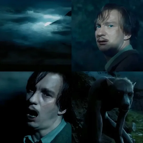 Scène de transformation du Professeur Remus Lupin en loup-garou sous la pleine lune dans Harry Potter.