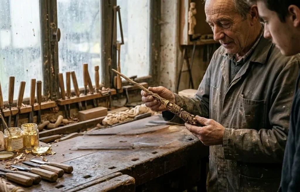 Artisan ébéniste inspectant une baguette magique en bois sculptée à la main dans son atelier de fabrication.