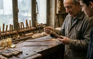 Artisan ébéniste inspectant une baguette magique en bois sculptée à la main dans son atelier de fabrication.