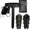 Ensemble médiéval cuir noir: ceinture, sacoche, aumonière, brassards ajustables pour aventurier.