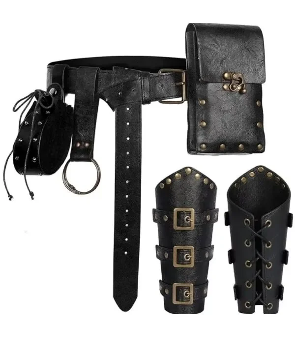 Ensemble médiéval cuir noir: ceinture, sacoche, aumonière, brassards ajustables pour aventurier.