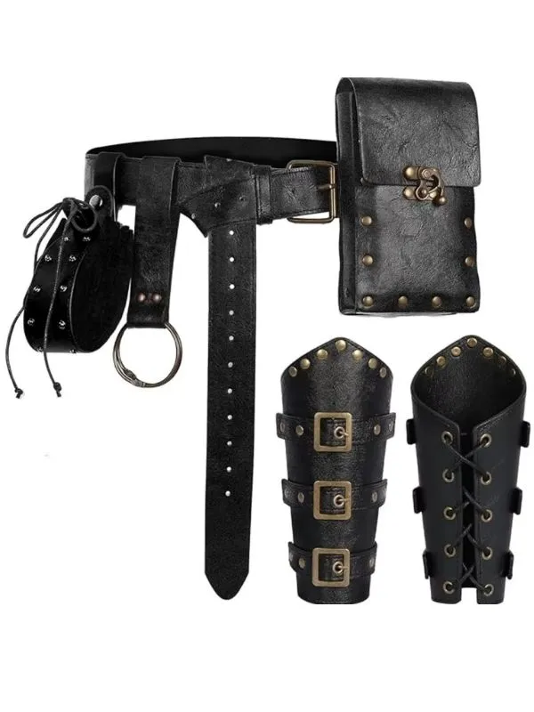 Ensemble médiéval cuir noir: ceinture, sacoche, aumonière, brassards ajustables pour aventurier.