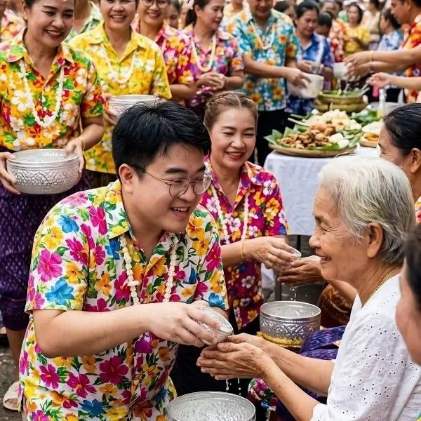 Jeune homme en chemise fleurie versant de l'eau sur les mains d'une femme âgée lors du festival de Songkran en Thaïlande.