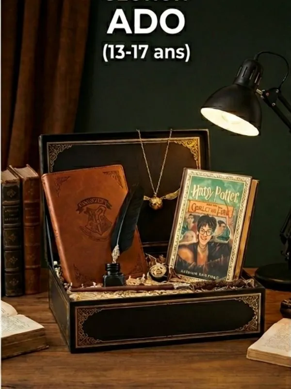 Set de papeterie magique avec carnet en cuir et collier Vif d'Or pour adolescent.