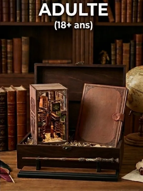 Coffret cadeau Harry Potter adulte dans un décor de bibliothèque magique rétro.