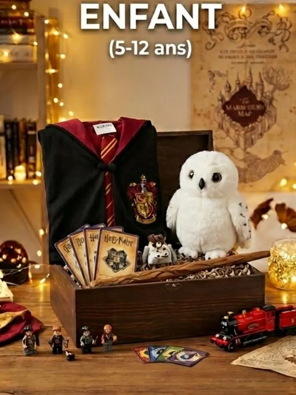 Coffret cadeau Harry Potter enfant avec peluche Hedwige et robe de sorcier.