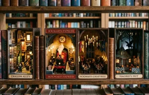 Duo Book Nooks Harry Potter Grande Salle de Poudlard et train Poudlard Express sur étagère