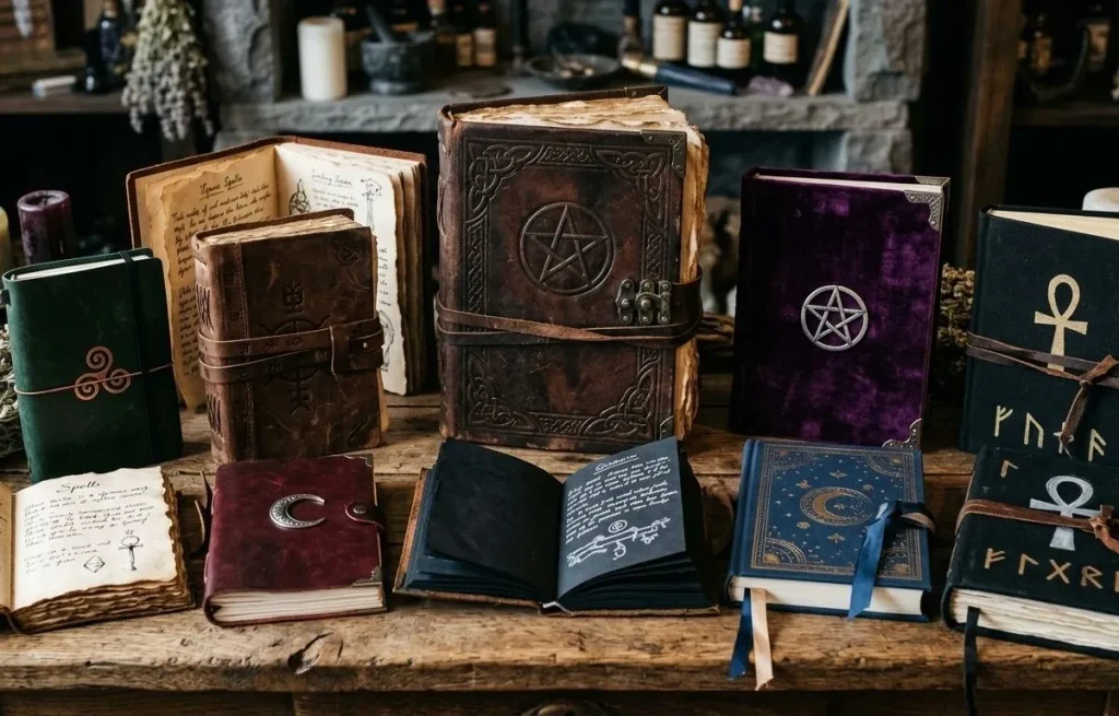 Collection de grimoires de sorcières de styles variés en cuir et velours exposés sur une table.