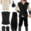 Costume médiéval complet homme 7 pièces coton noir, motifs celtiques et nordiques.