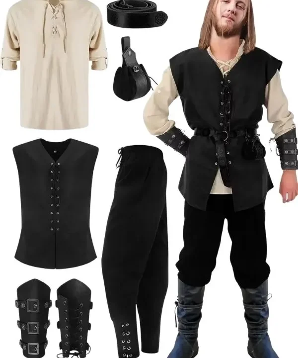 Costume médiéval complet homme 7 pièces coton noir, motifs celtiques et nordiques.