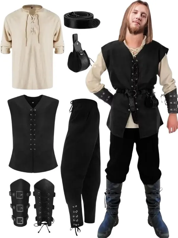 Costume médiéval complet homme 7 pièces coton noir, motifs celtiques et nordiques.