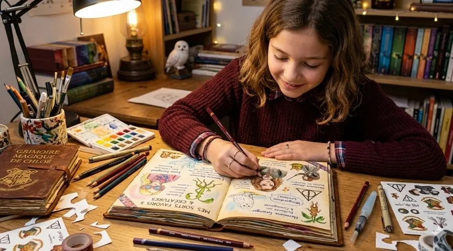 Cadeau créatif Harry Potter : jeune fille qui dessine dans un carnet de croquis magique Poudlard