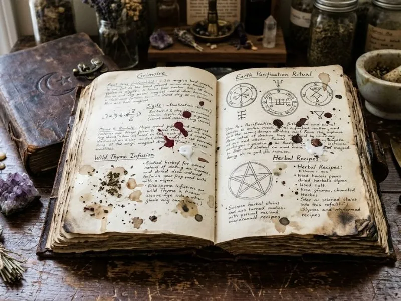 Grimoire ancien ouvert avec traces de cire de bougie, herbes séchées et symboles de protection.