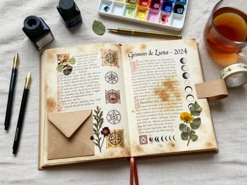 Création d'un grimoire fait main avec calligraphie, phases de la lune et fleurs séchées collées.