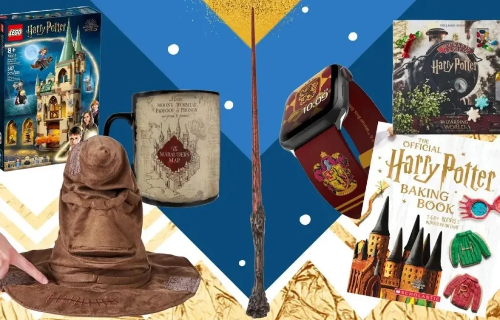 Lot d'accessoires Harry Potter avec baguette magique et mug Maraudeur.