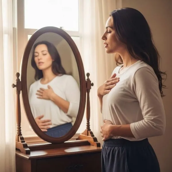 Femme sereine pratiquant la méditation devant un miroir, mains posées sur le cœur et le ventre pour l'acceptation de soi et la pleine conscience.