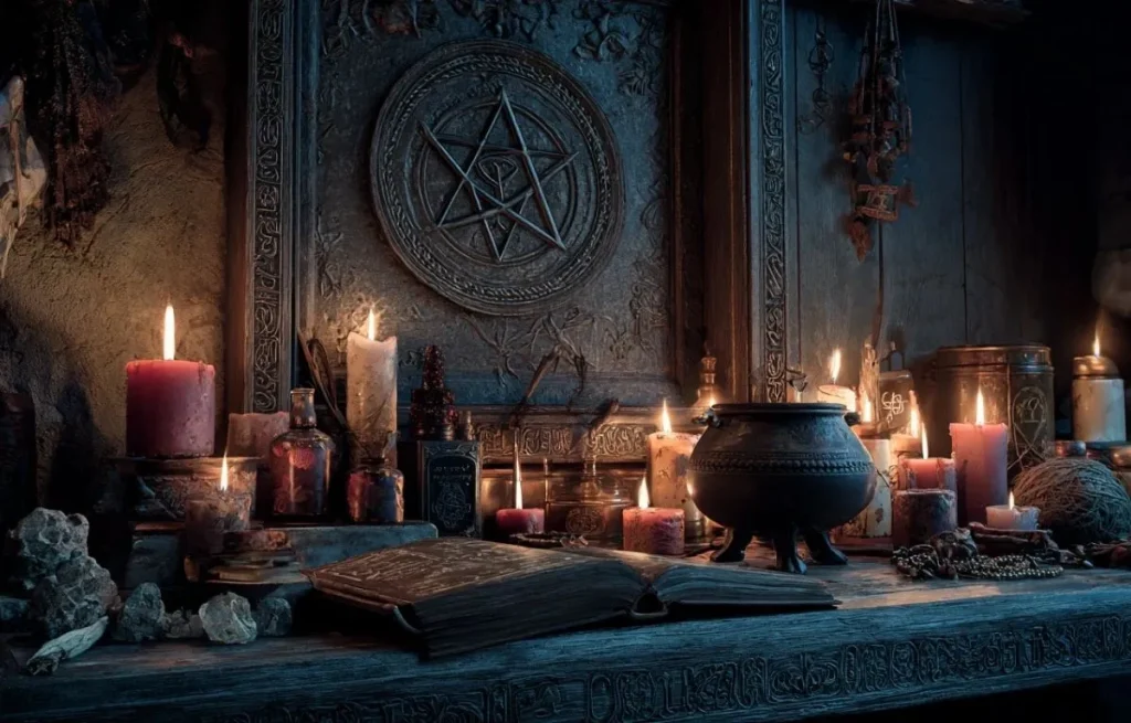 Magie blanche et magie noire autel ésotérique avec pentacle bougies grimoires cristaux symboles occultes rituel sorcellerie dualité