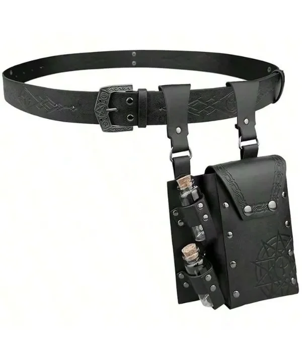 Ceinture et pochette médiévale simili cuir vieilli noir, runes, sceau alchimique, fioles GN