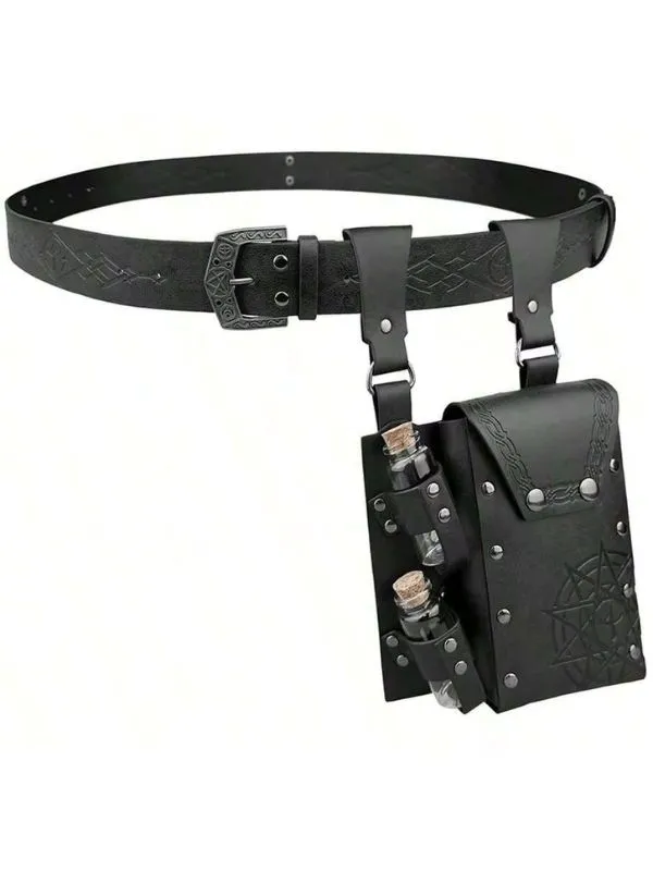 Ceinture et pochette médiévale simili cuir vieilli noir, runes, sceau alchimique, fioles GN