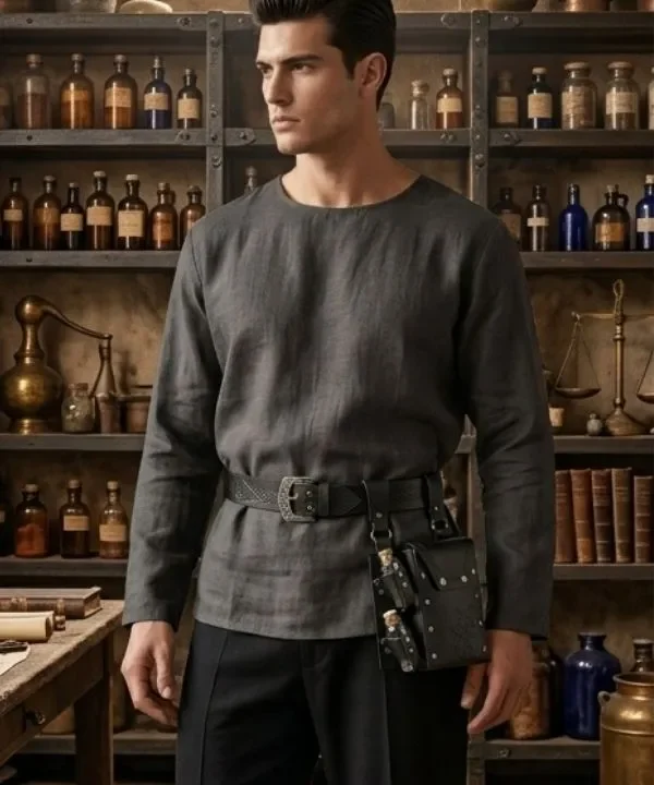 Alternative view of Pochette médiévale en similicuir noir avec ceinture runique et 2 fioles
